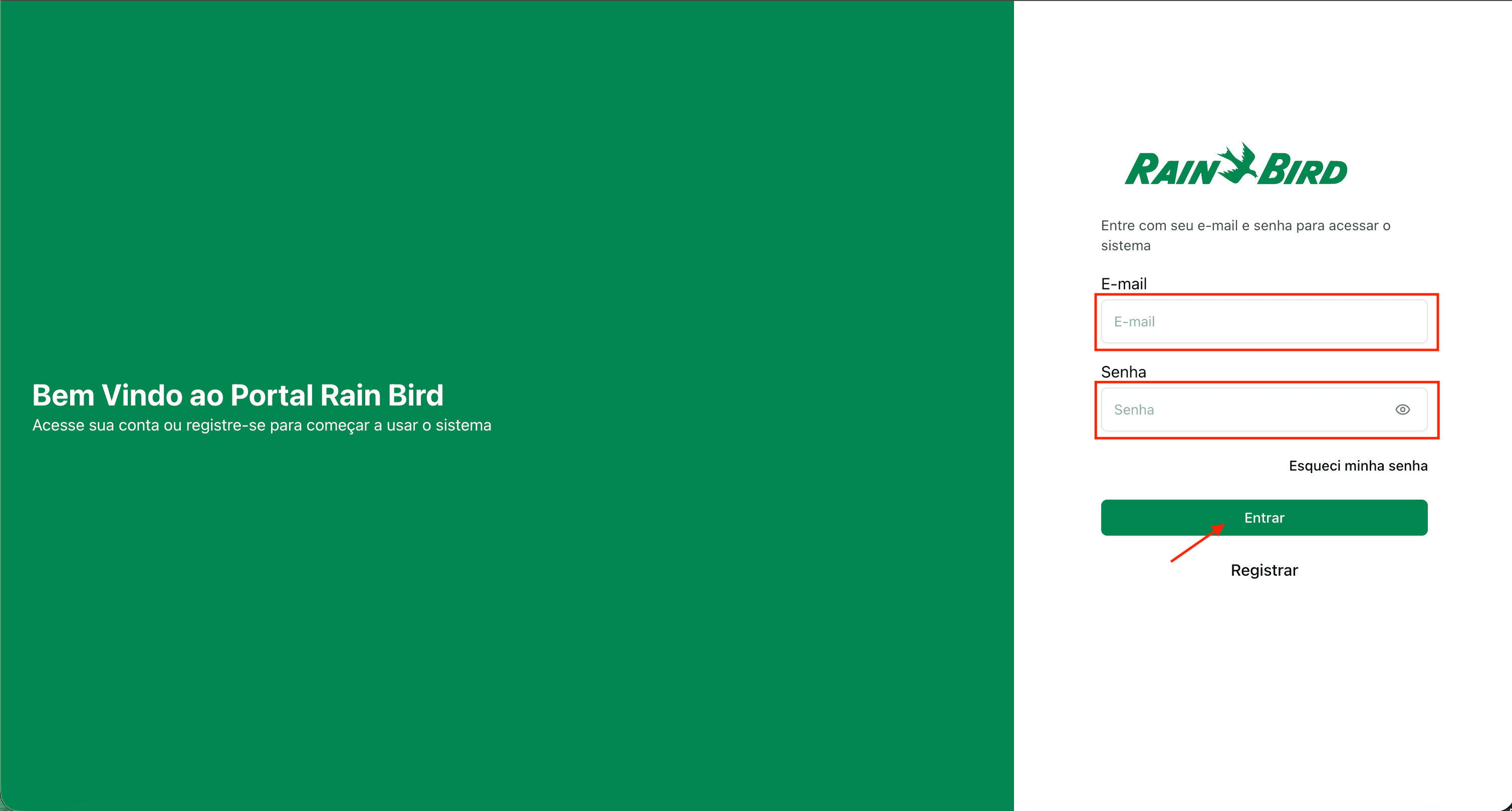 Tela de login do Portal Rain Bird