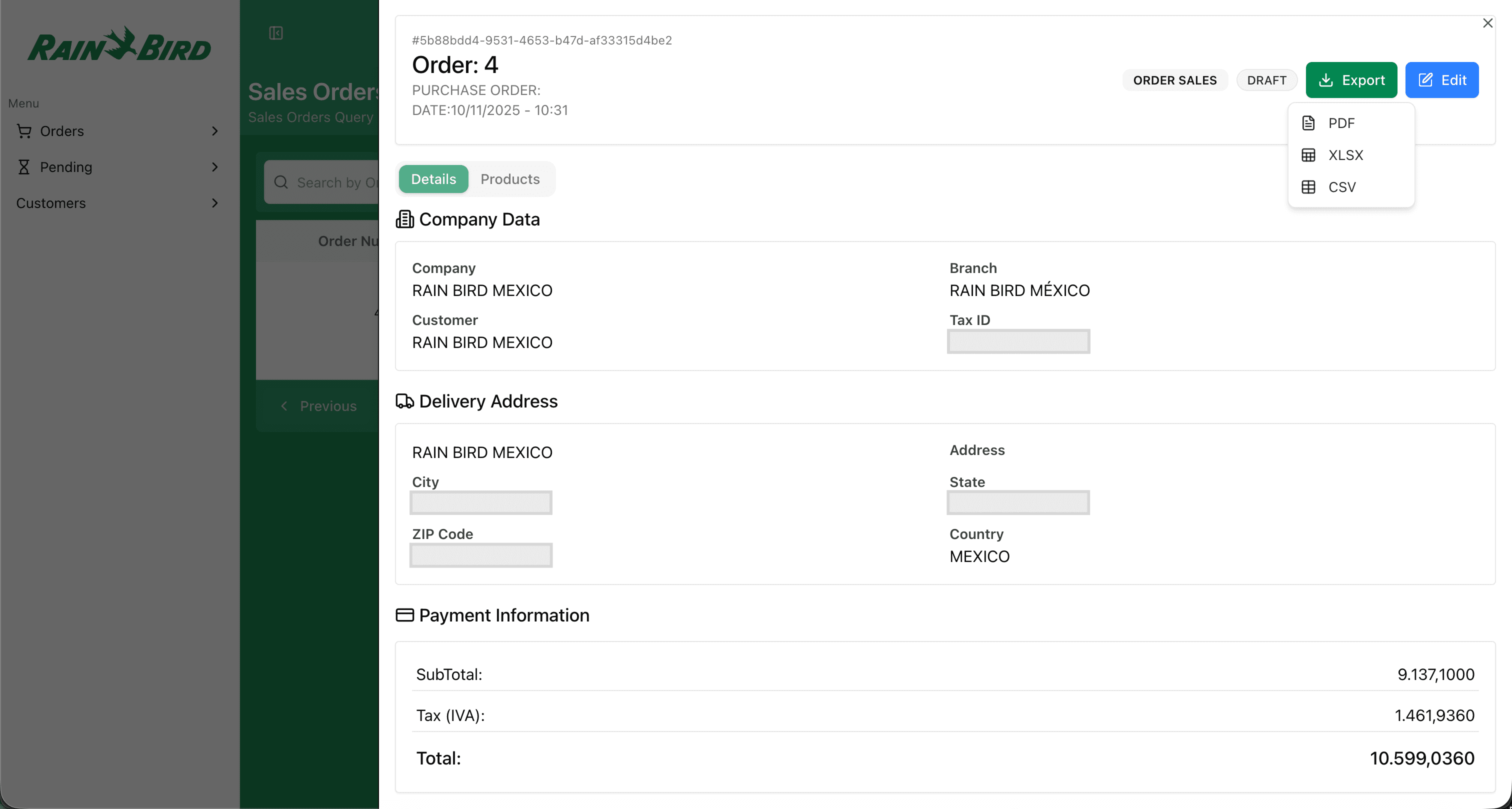 Exportar pedido em PDF, XLSX e CSV