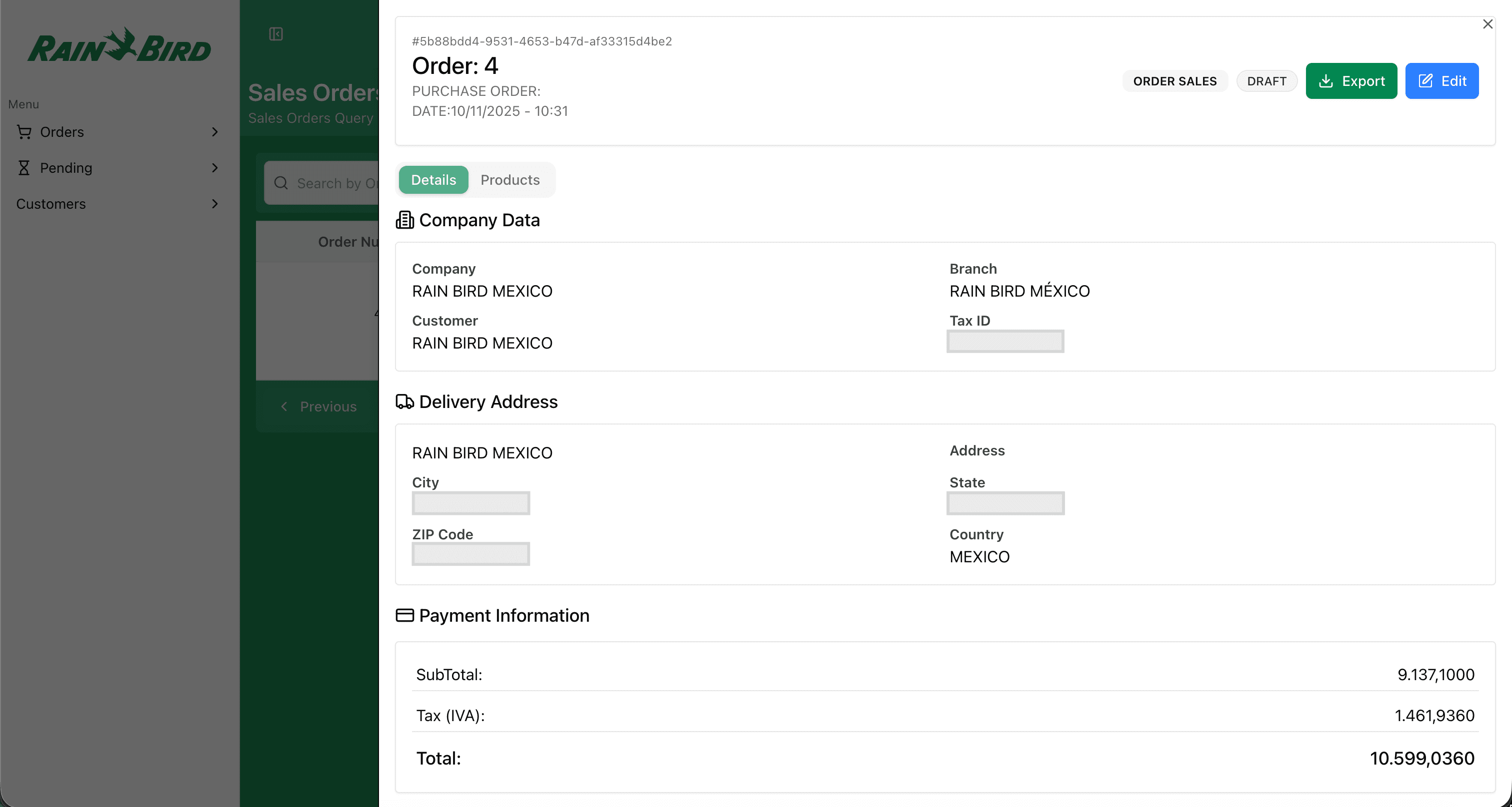 Aba de produtos do pedido