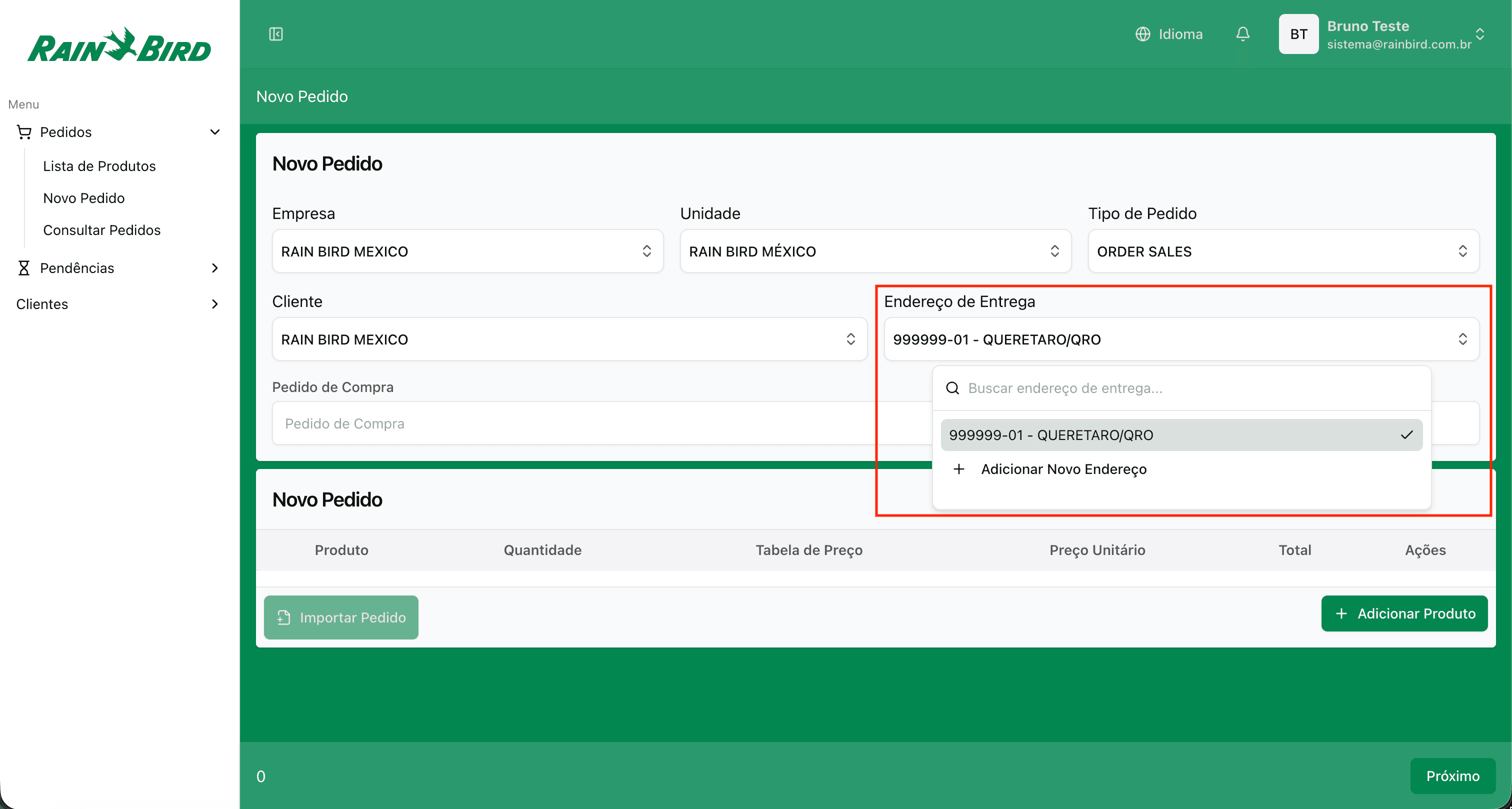 Selecionar cliente e endereço