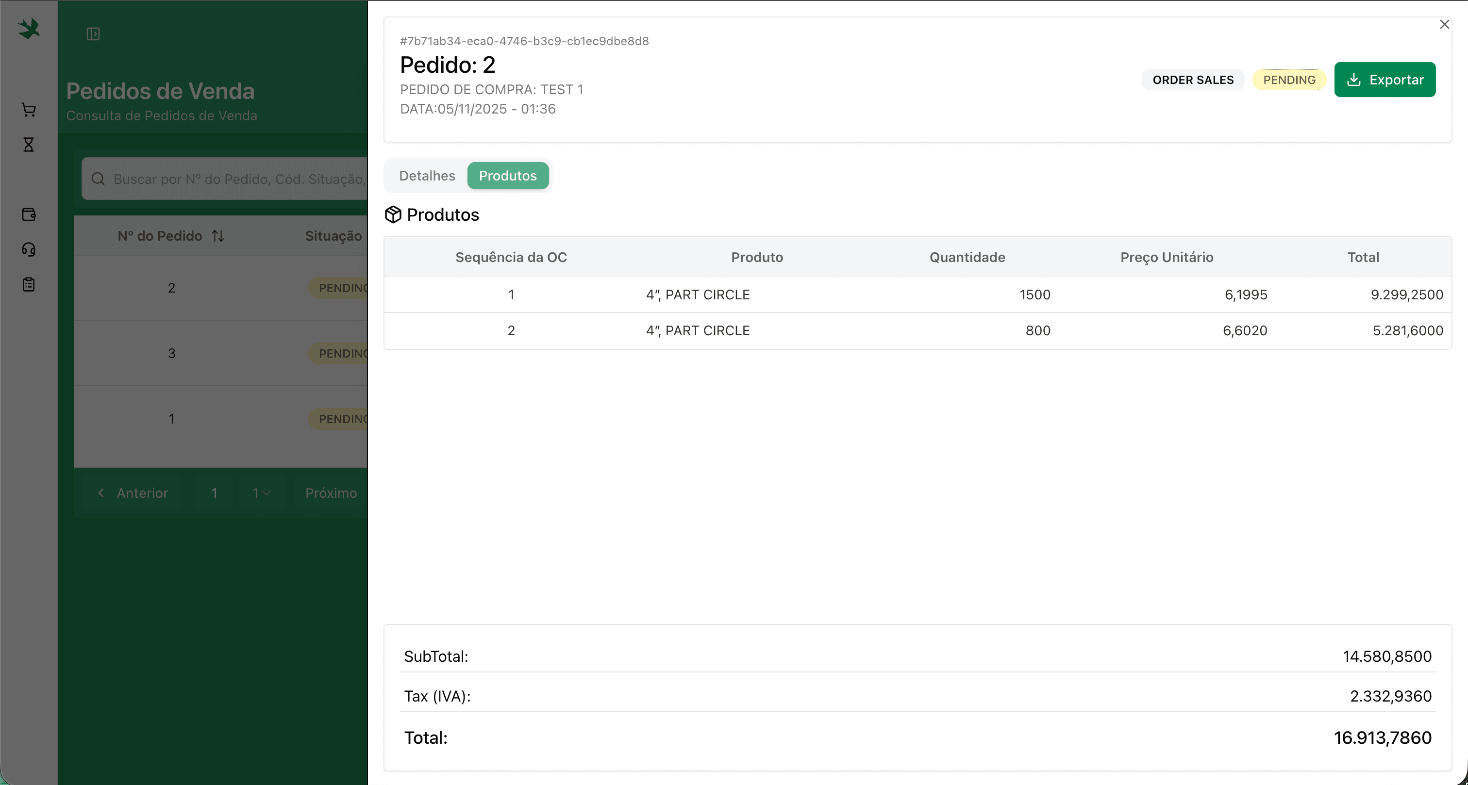 Aba de produtos do pedido