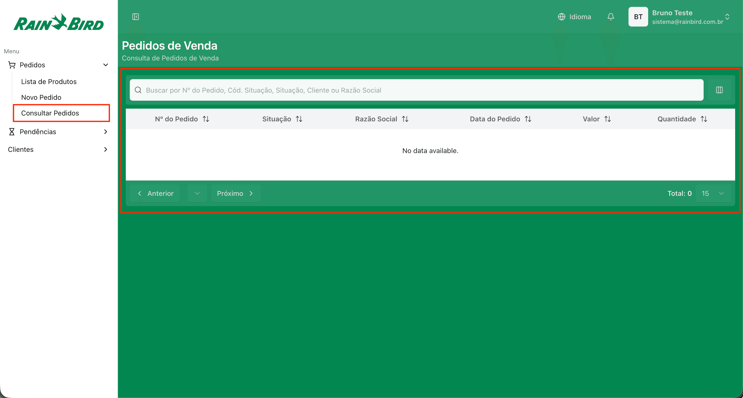 Tela de pedidos de venda