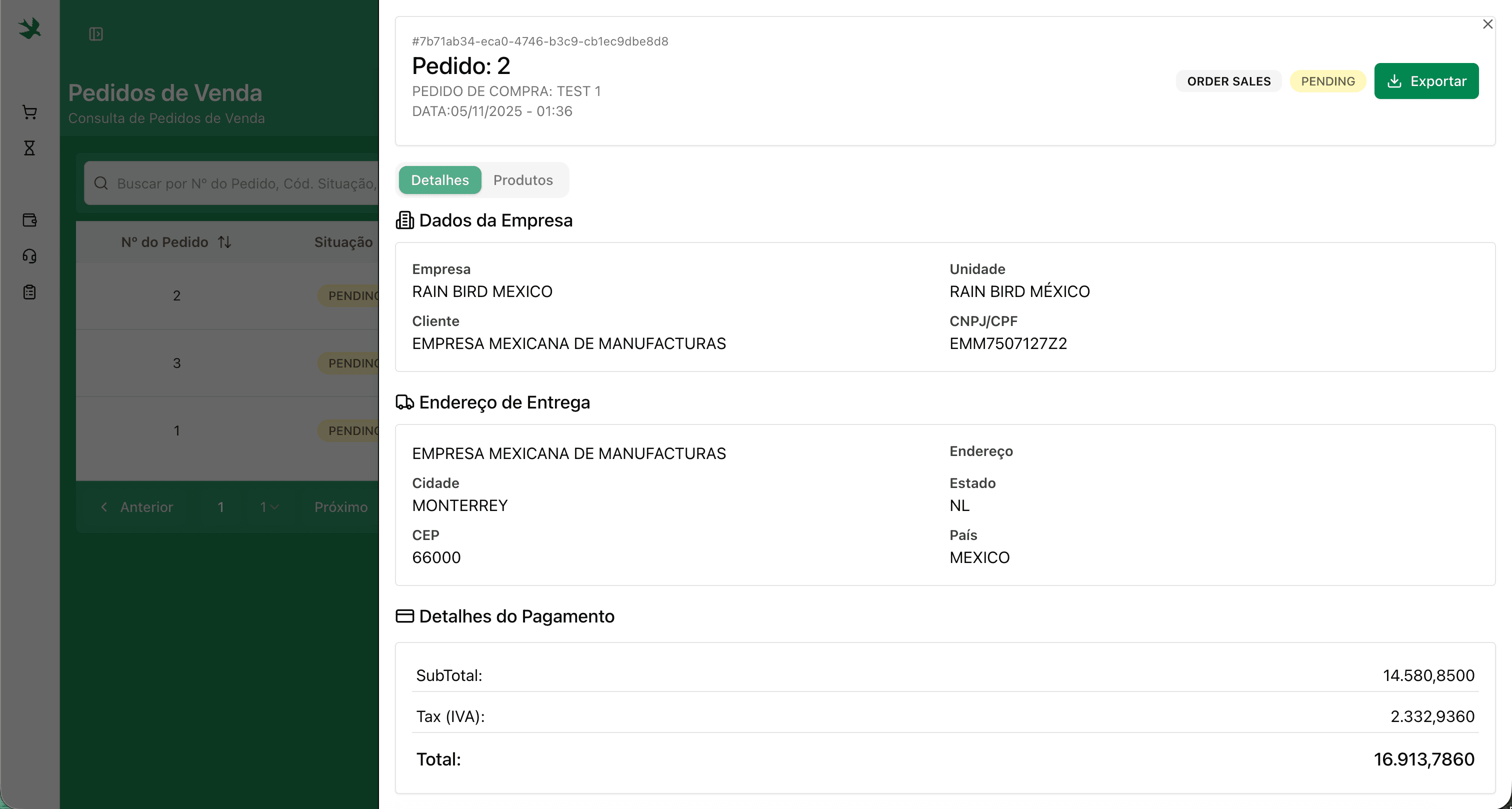 Tela de pedidos pendentes