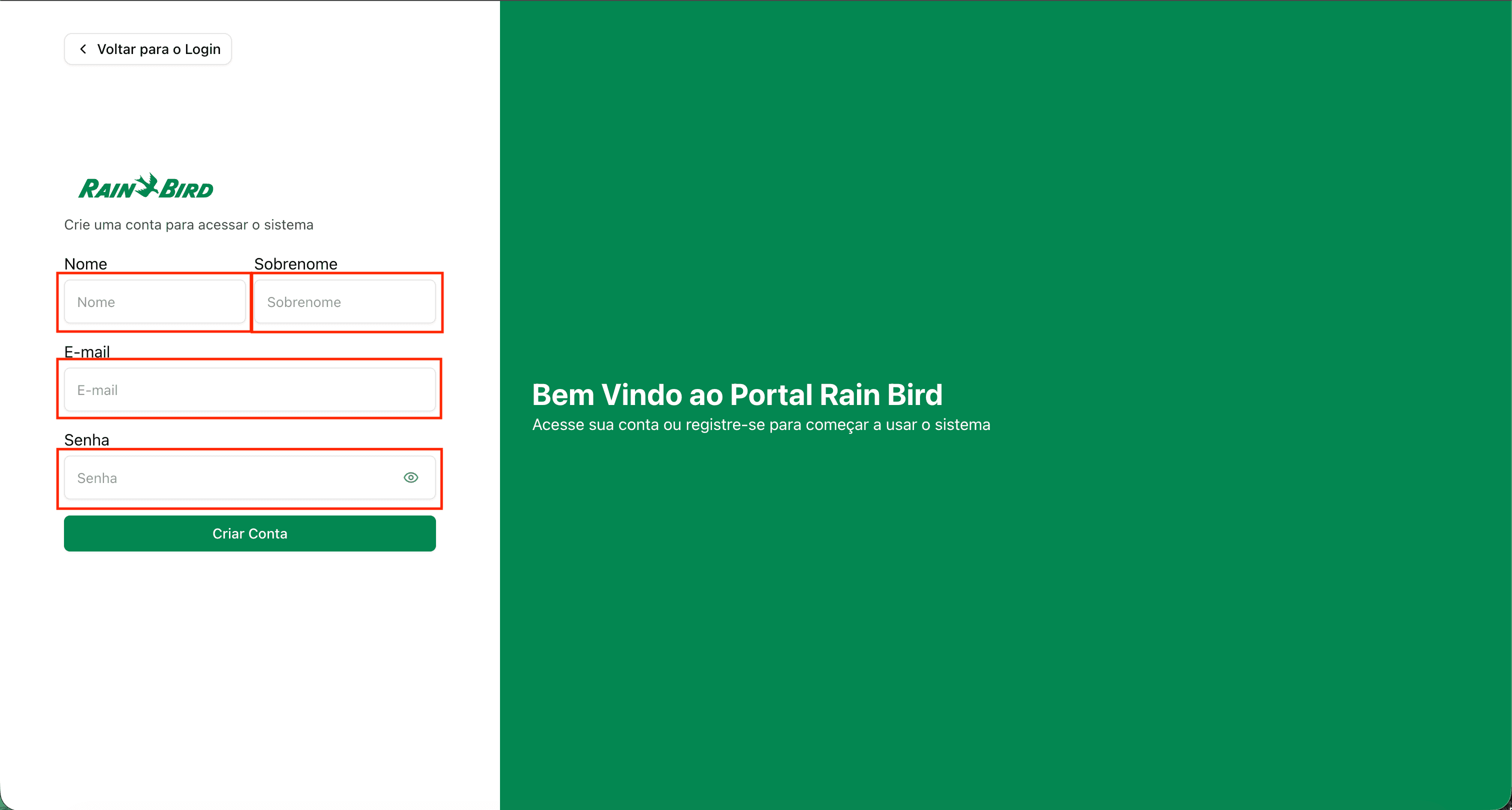 Tela de criação de conta